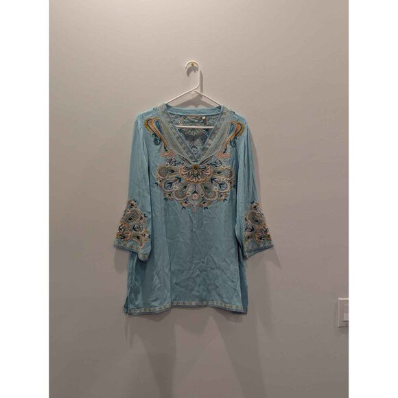 Soft Surroundings Women's Blue Embroidered 3/4 Sleeve V-Neck Tunic Top - Picture 5 of 15